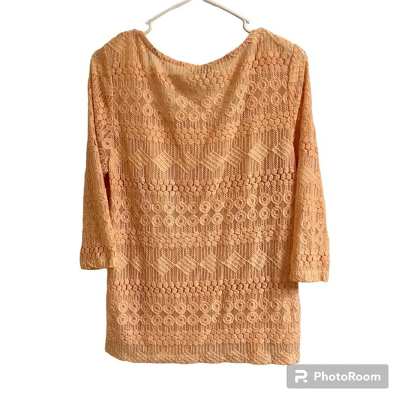 Lucky Brand Womens M Blush Pink Crochet 3/4 Sleeves Boho Top Sheer Square Neck - Picture 2 of 10